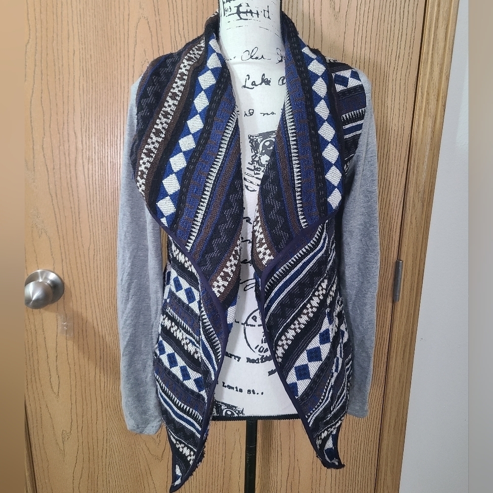 Blu Pepper Aztec Tribal Southwestern Geometric Print Woven Cardigan Jacket